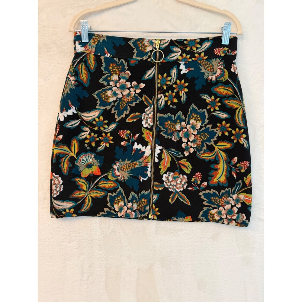 INC International‎ Concepts Floral Mini Skirt Black Front Zip O-Ring Size 8